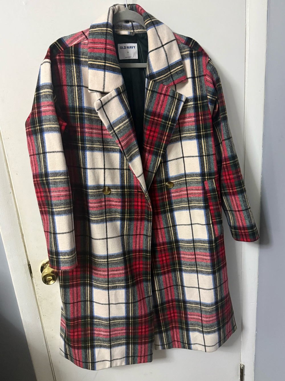 Old Navy Red, White & Navy Plaid Double-Breasted Pea Coat